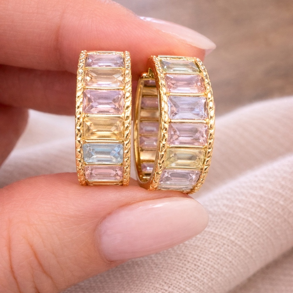 Gold hoop earrings, multicolored pastel stones, Huggies, 1/2 inch size